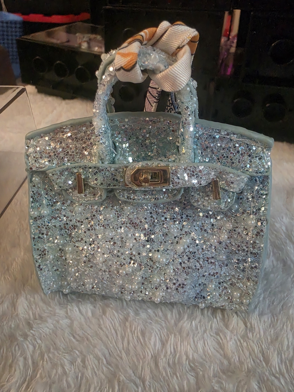 Sparkling Light Blue Mini  Bag Charm with Scarf Handle